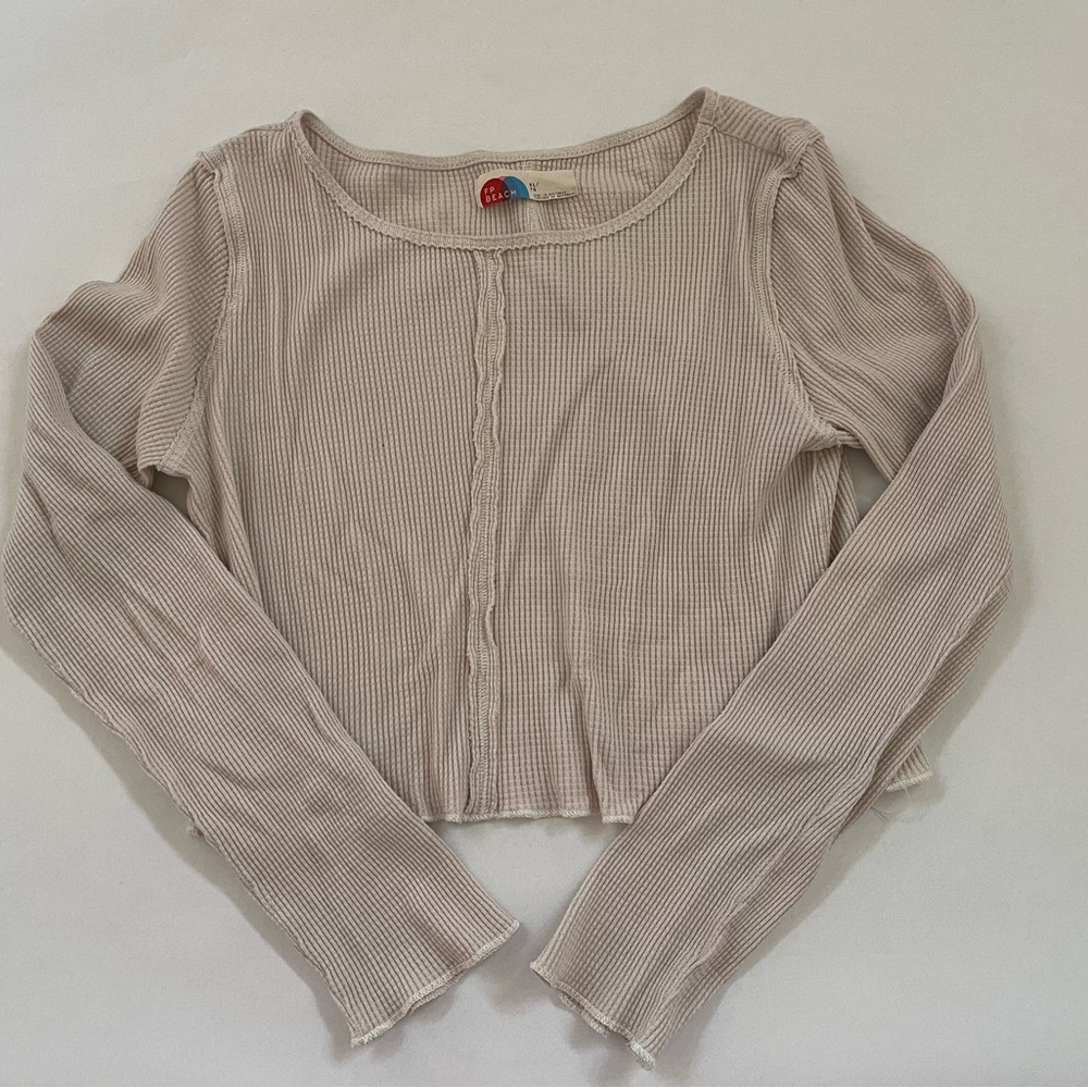 Free People Beach Cream Crop top Ribbed Long Sleeve Top size XL
